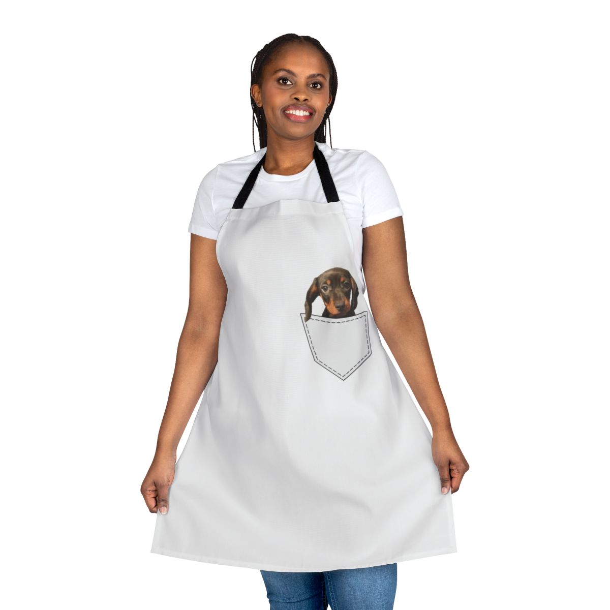 Dachshund wearing a cute pocket apron with dog design