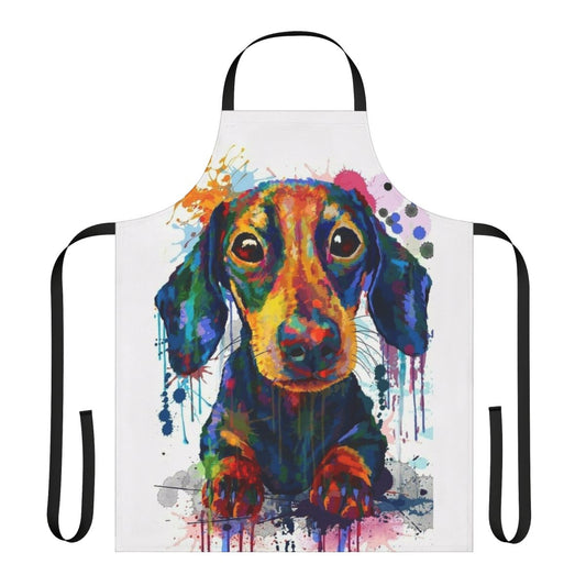 Dachshund dog wearing a cute apron with a cartoon design