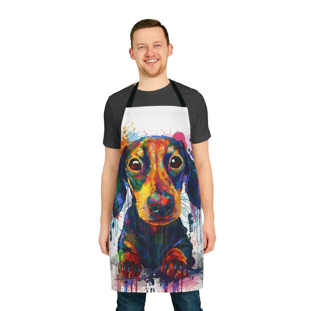 Dachshund dog wearing a cute apron with a cartoon design