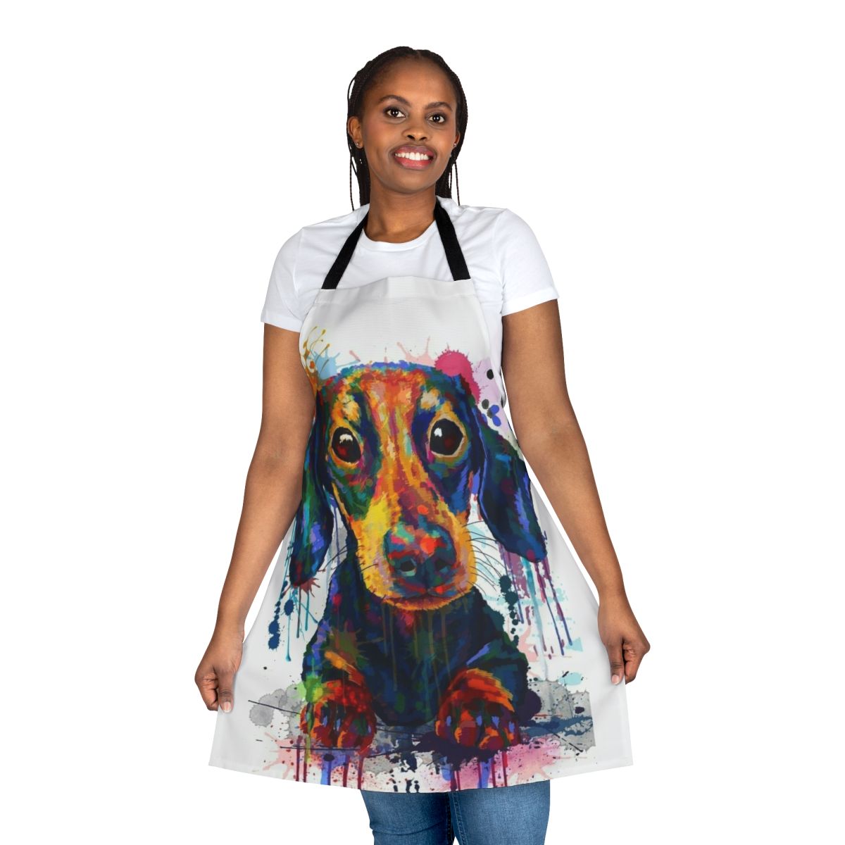Dachshund dog wearing a cute apron with a cartoon design