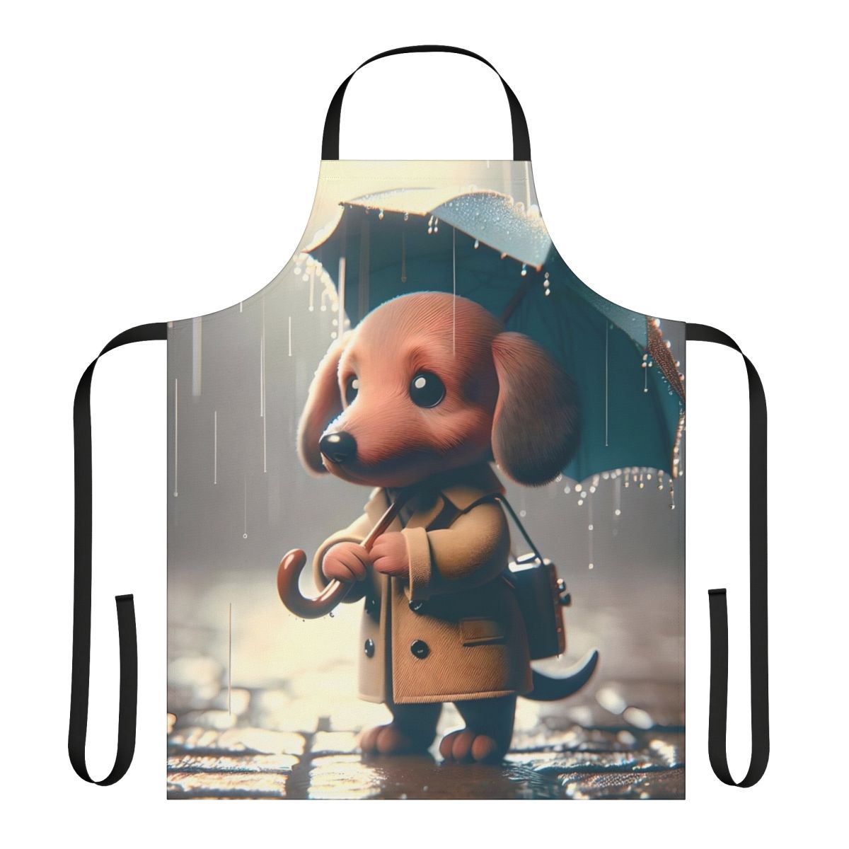 Dachshund dog wearing a rain jacket standing in the rain on a black and white apron