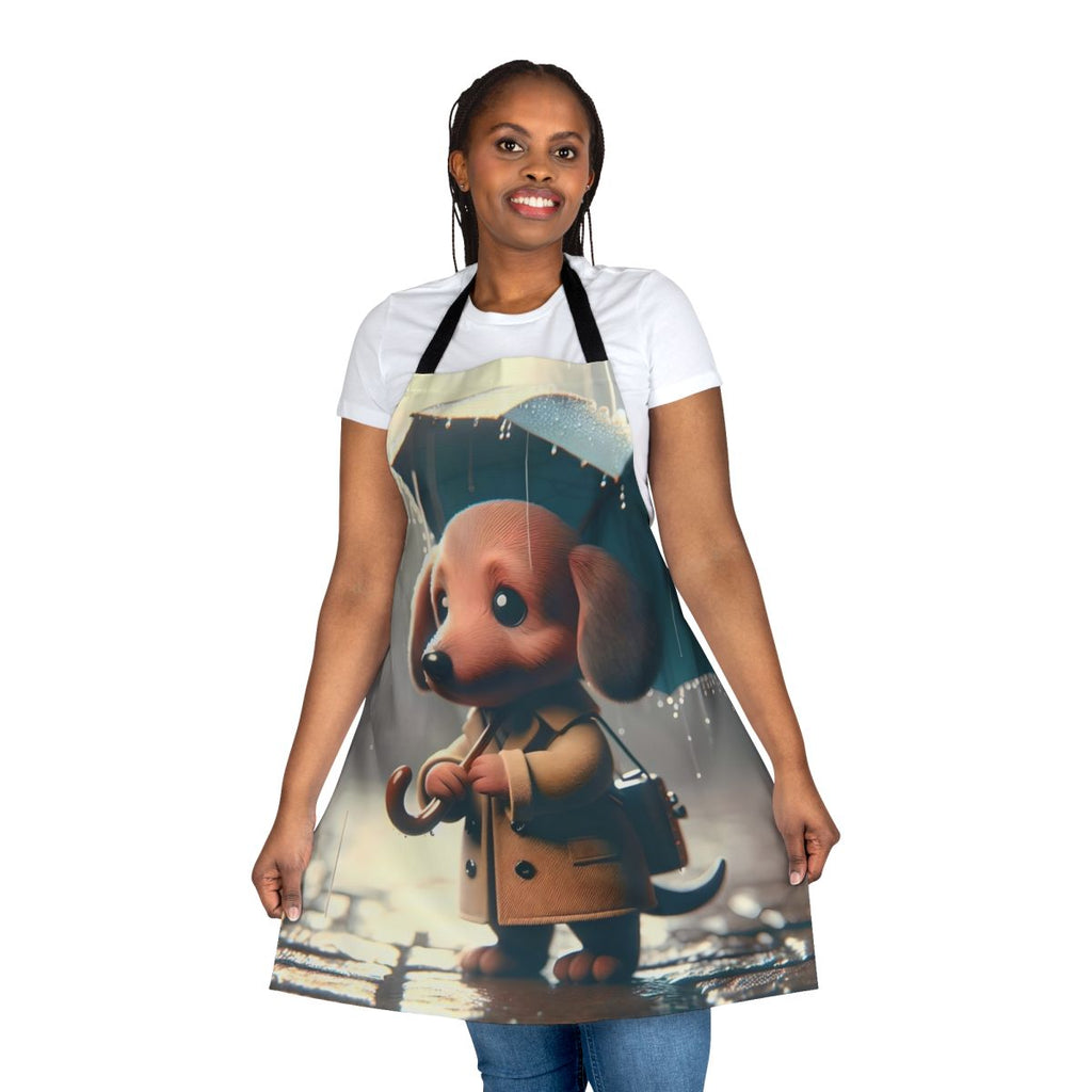 Dachshund dog wearing a rain jacket standing in the rain on a black and white apron