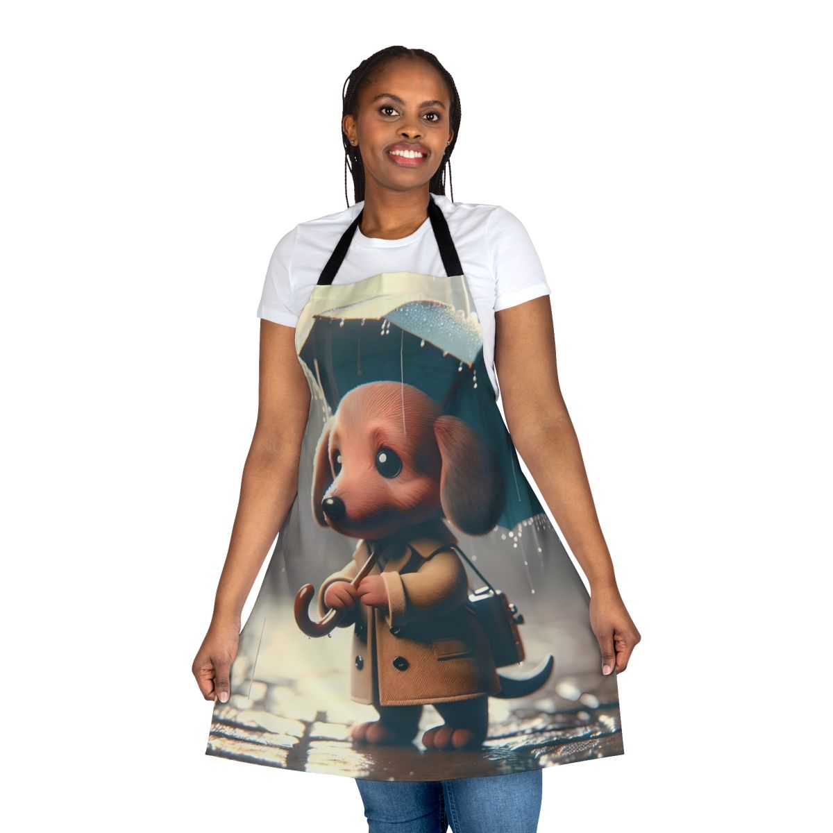 Dachshund dog wearing a rain jacket standing in the rain on a black and white apron