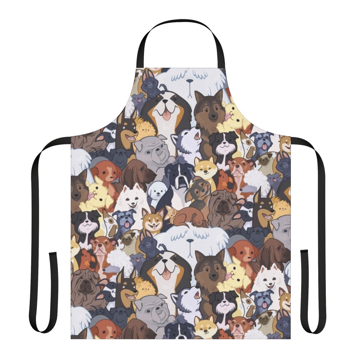 Pupper Party Apron featuring a variety of cute dog and puppy illustrations