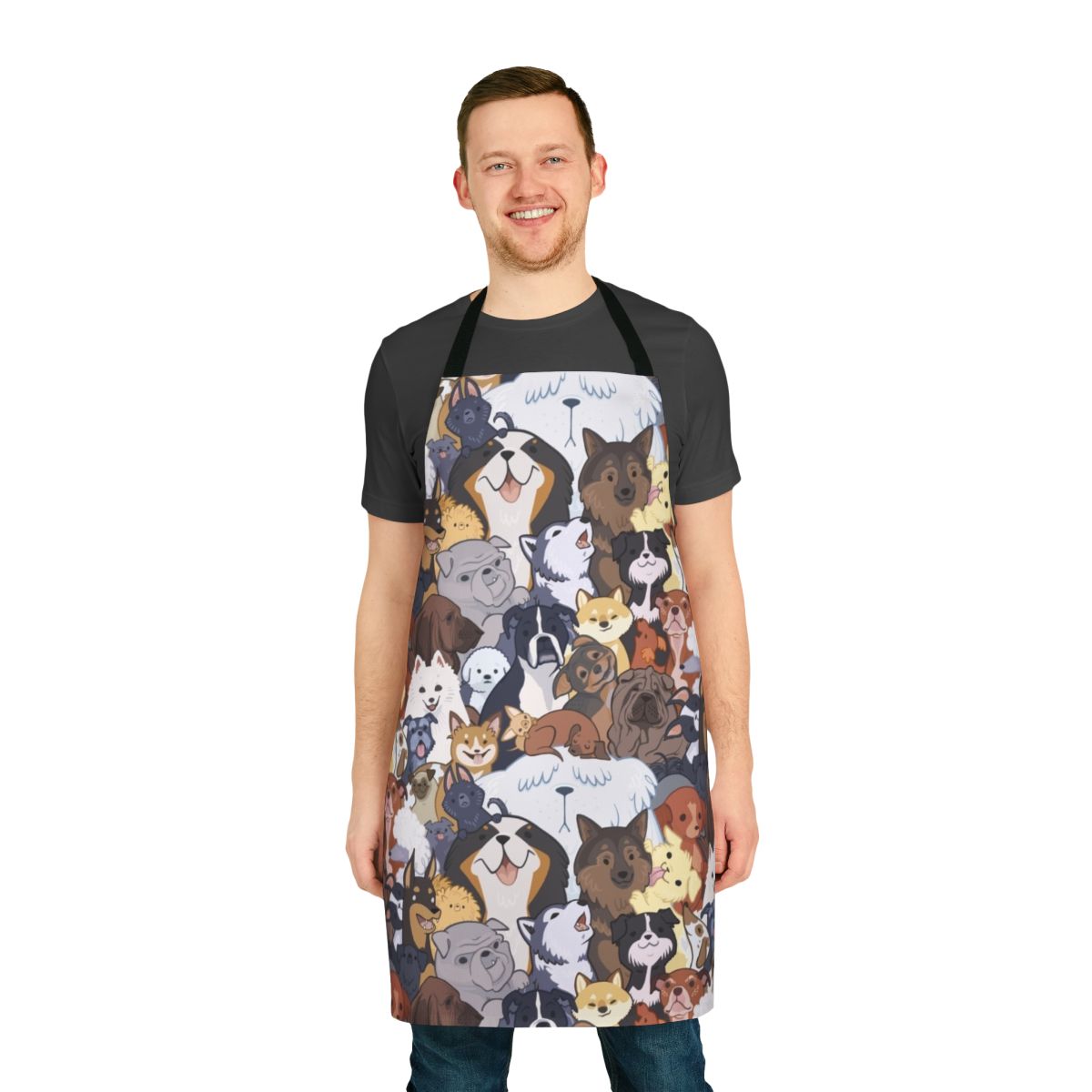 Pupper Party Apron featuring a variety of cute dog and puppy illustrations