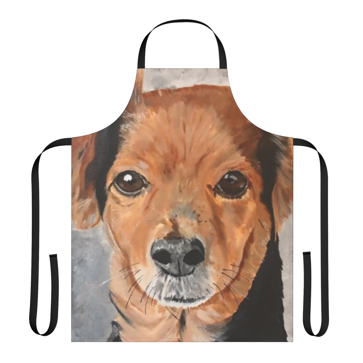 Acrylic painting of a cute mixed-breed dog's face and shoulders on a high-quality apron.