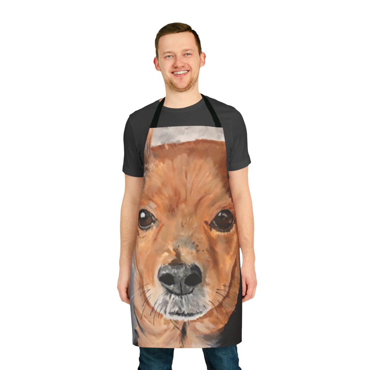 Acrylic painting of a cute mixed-breed dog's face and shoulders on a high-quality apron.