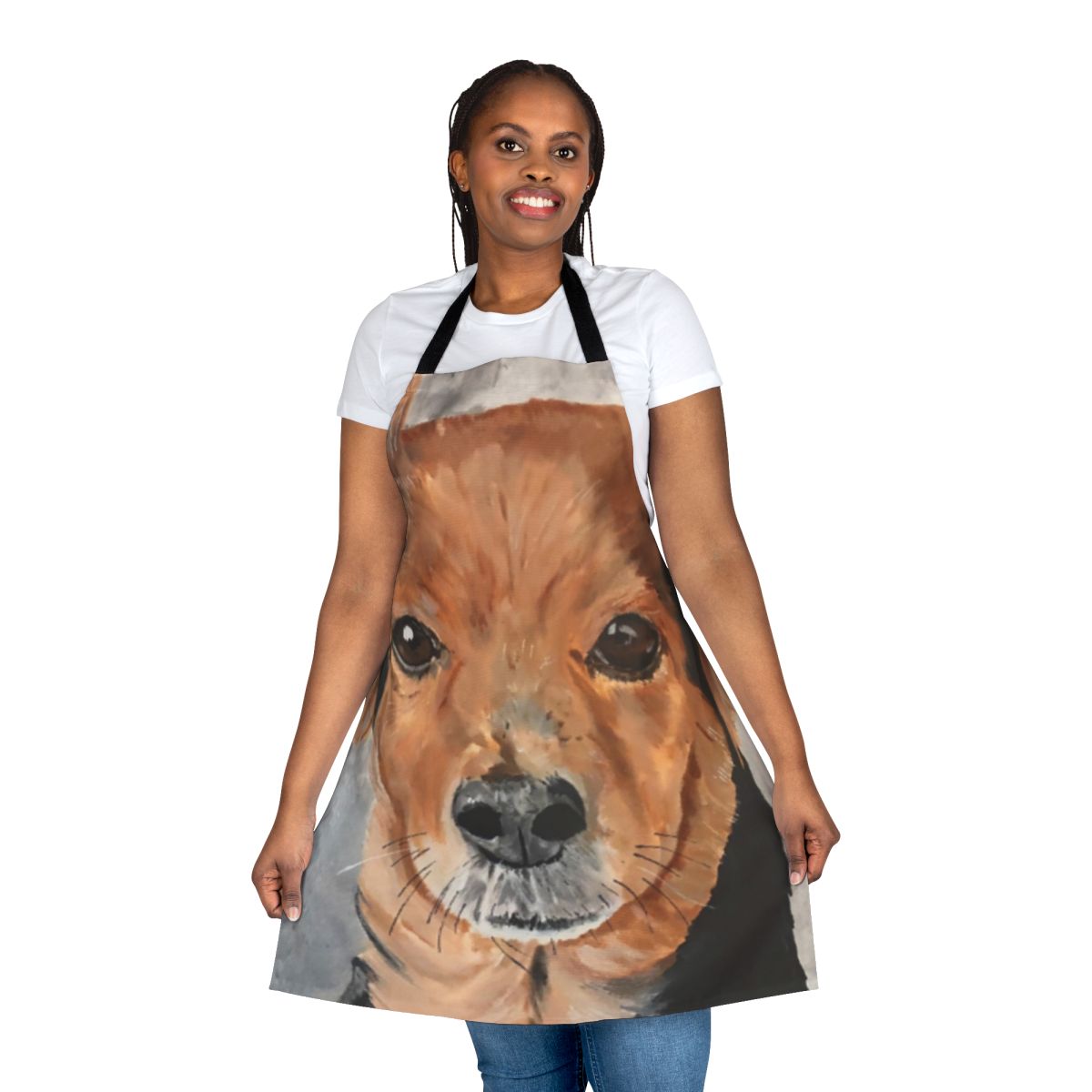 Acrylic painting of a cute mixed-breed dog's face and shoulders on a high-quality apron.