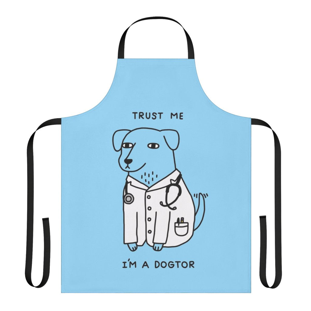 A cozy, dog-themed apron with a playful "Dogtor" pun design