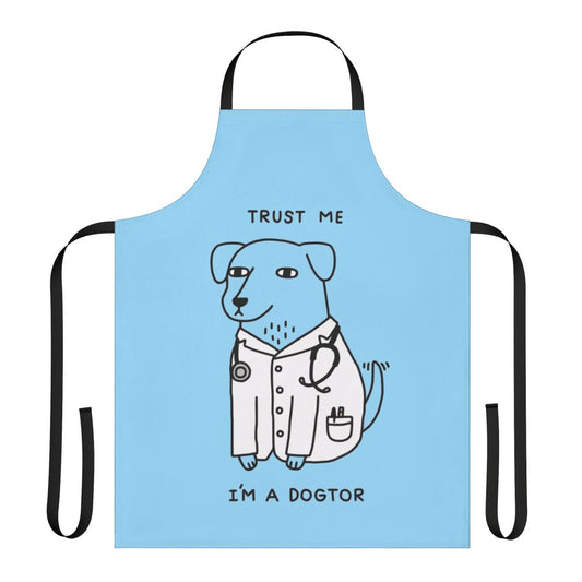A cozy, dog-themed apron with a playful "Dogtor" pun design