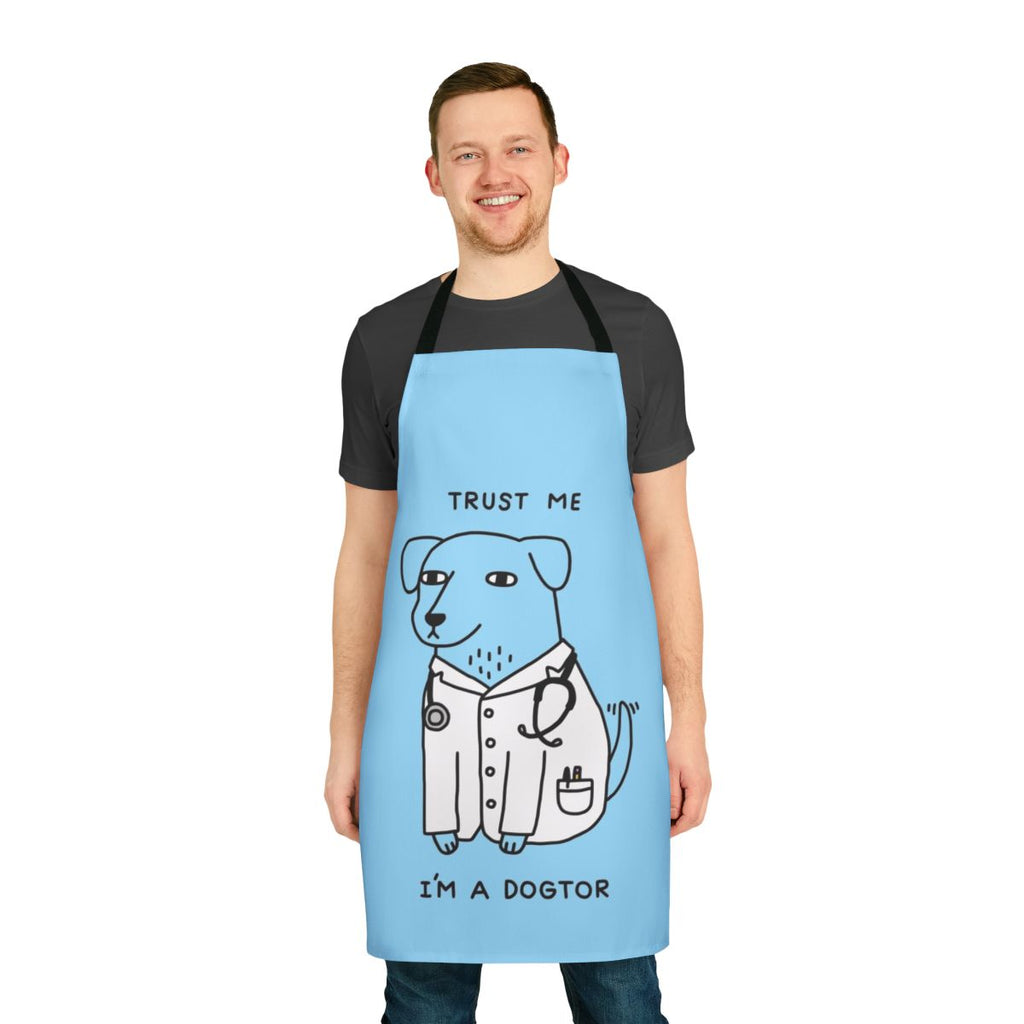 A cozy, dog-themed apron with a playful "Dogtor" pun design