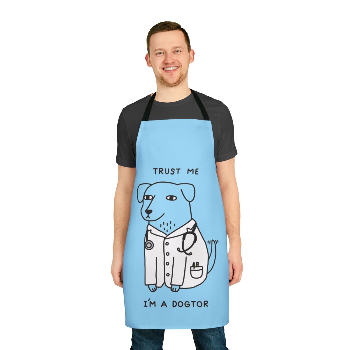 A cozy, dog-themed apron with a playful "Dogtor" pun design