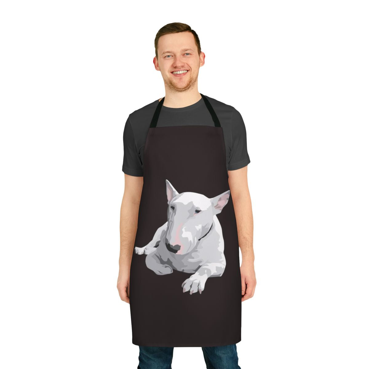 A high-quality apron featuring an artistic design of an English Bull Terrier, perfect for dog owners and enthusiasts.
