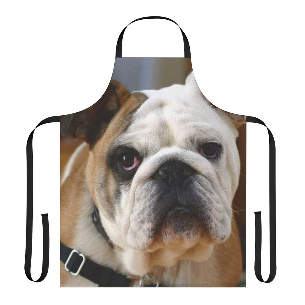 An apron featuring an adorable English bulldog's face.