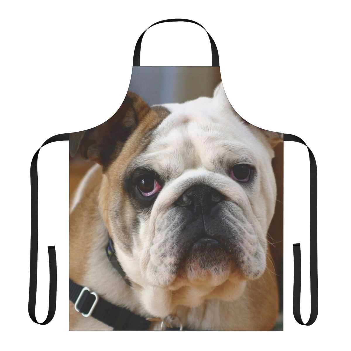 An apron featuring an adorable English bulldog's face.