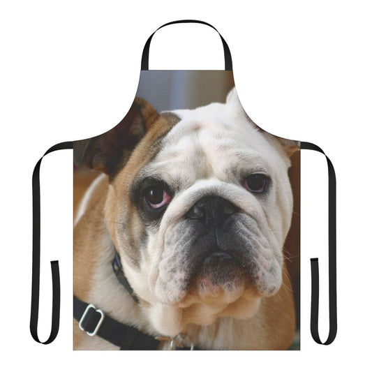 An apron featuring an adorable English bulldog's face.