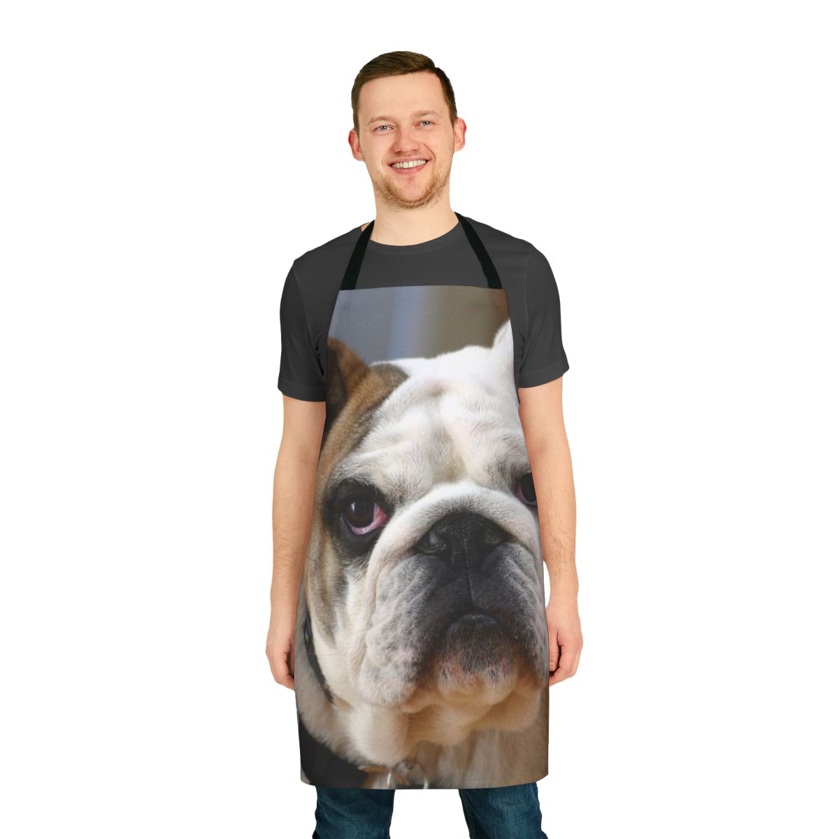 An apron featuring an adorable English bulldog's face.