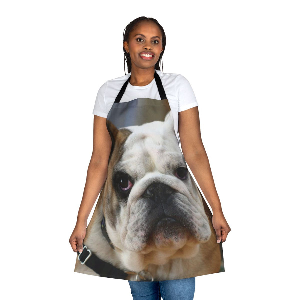An apron featuring an adorable English bulldog's face.