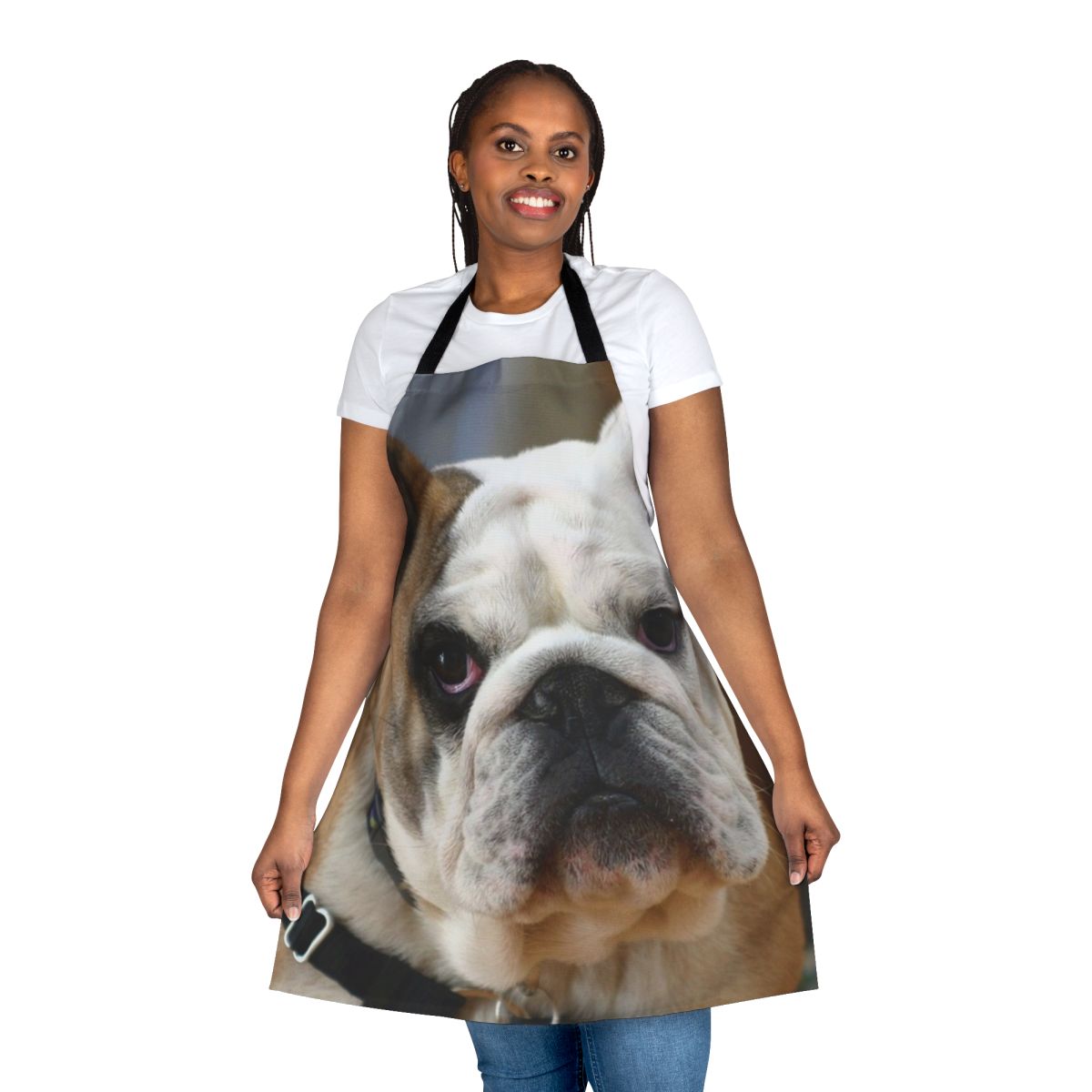 An apron featuring an adorable English bulldog's face.