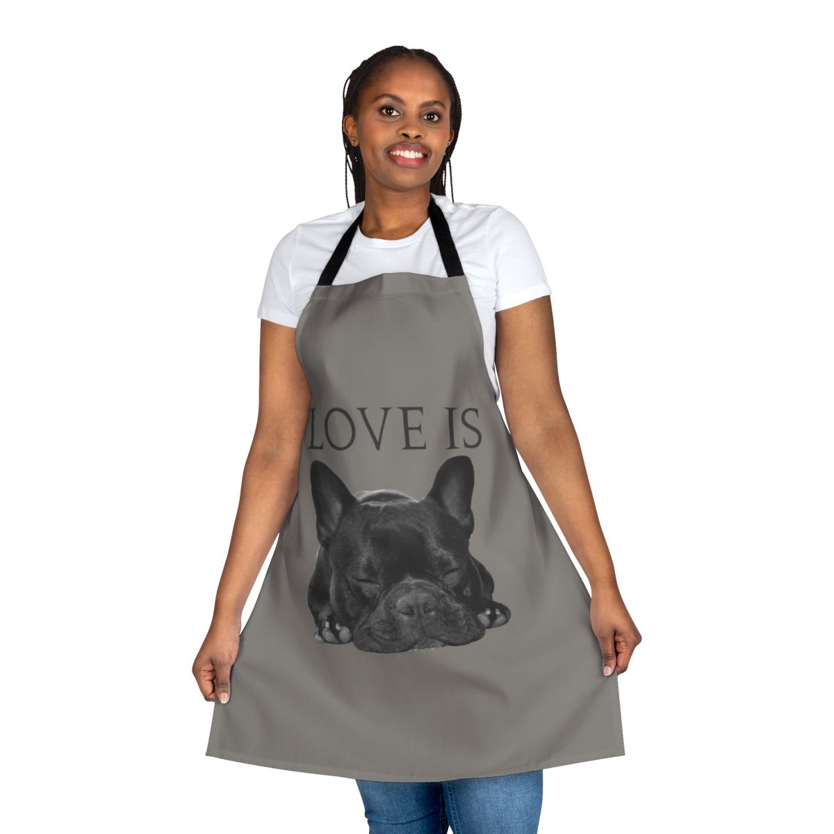 Stylish black and white french bulldog apron with a cute design for dog owners