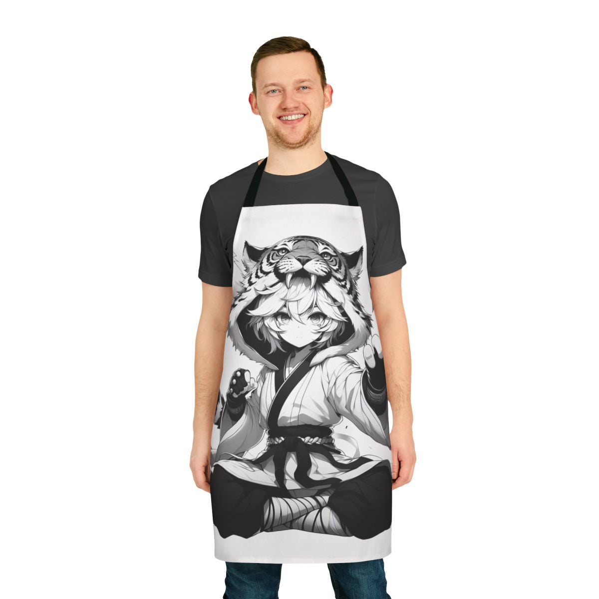 A whimsical apron featuring a playful, anthropomorphic animal design