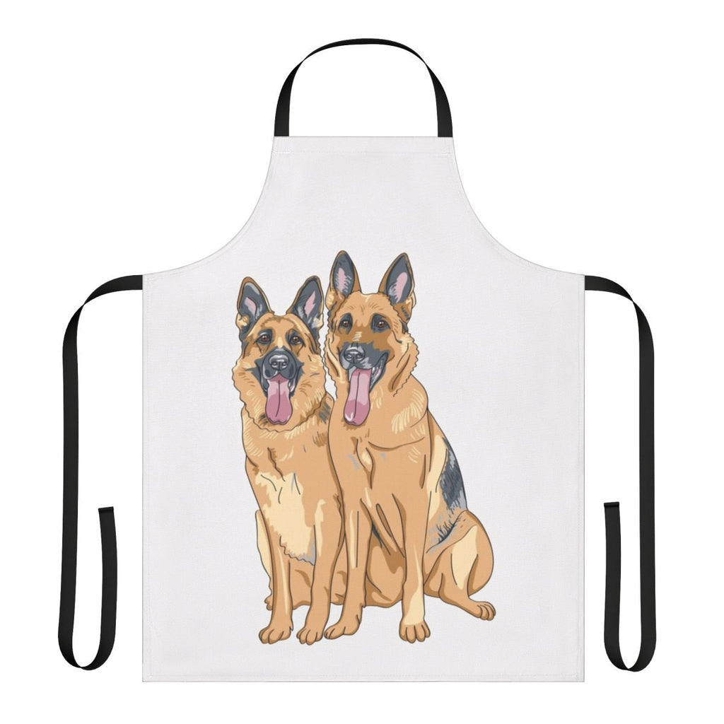 An apron featuring a playful pattern of two German shepherd dogs.