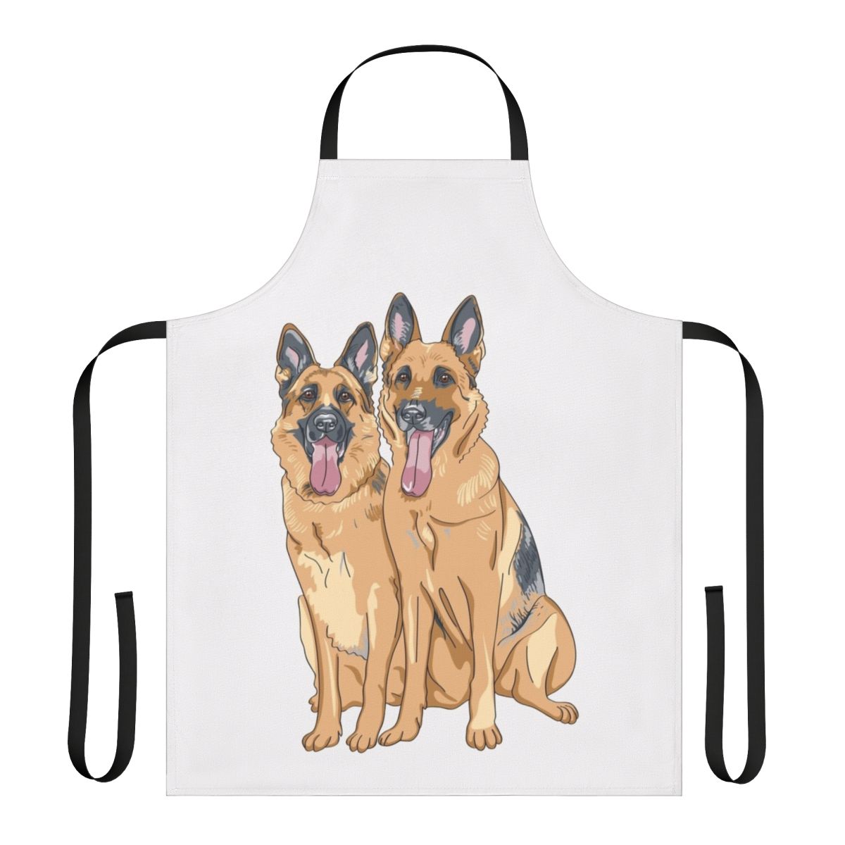 An apron featuring a playful pattern of two German shepherd dogs.