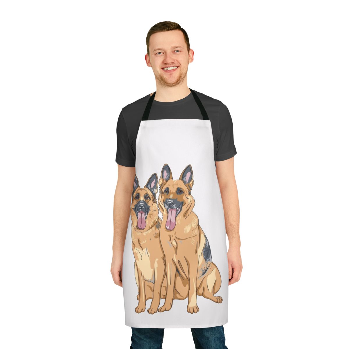 An apron featuring a playful pattern of two German shepherd dogs.