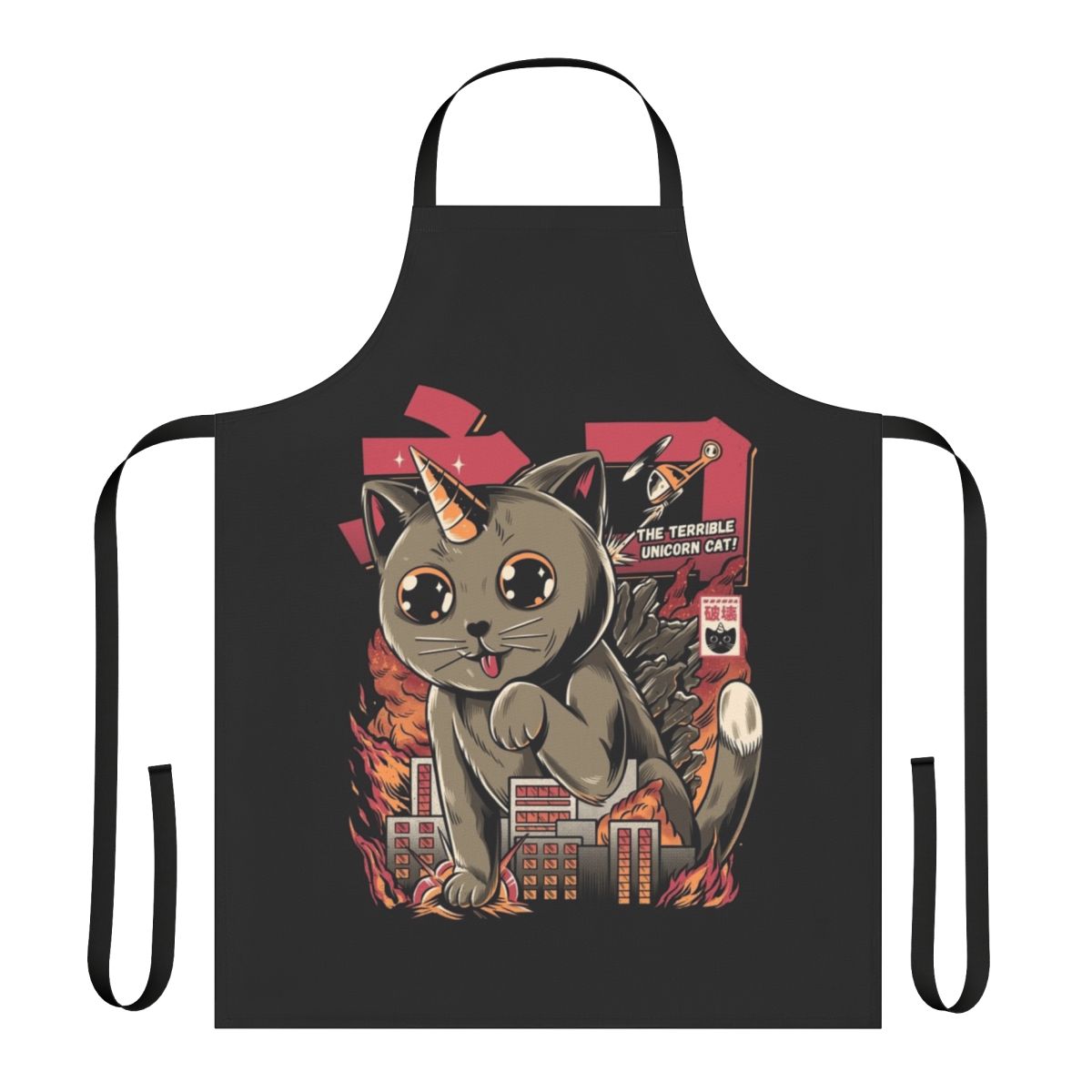 Adorable apron featuring a giant cartoon cat in a kaiju monster-inspired design