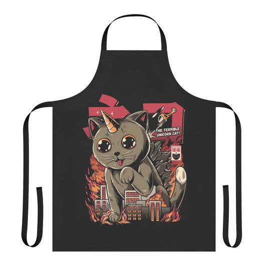 Adorable apron featuring a giant cartoon cat in a kaiju monster-inspired design