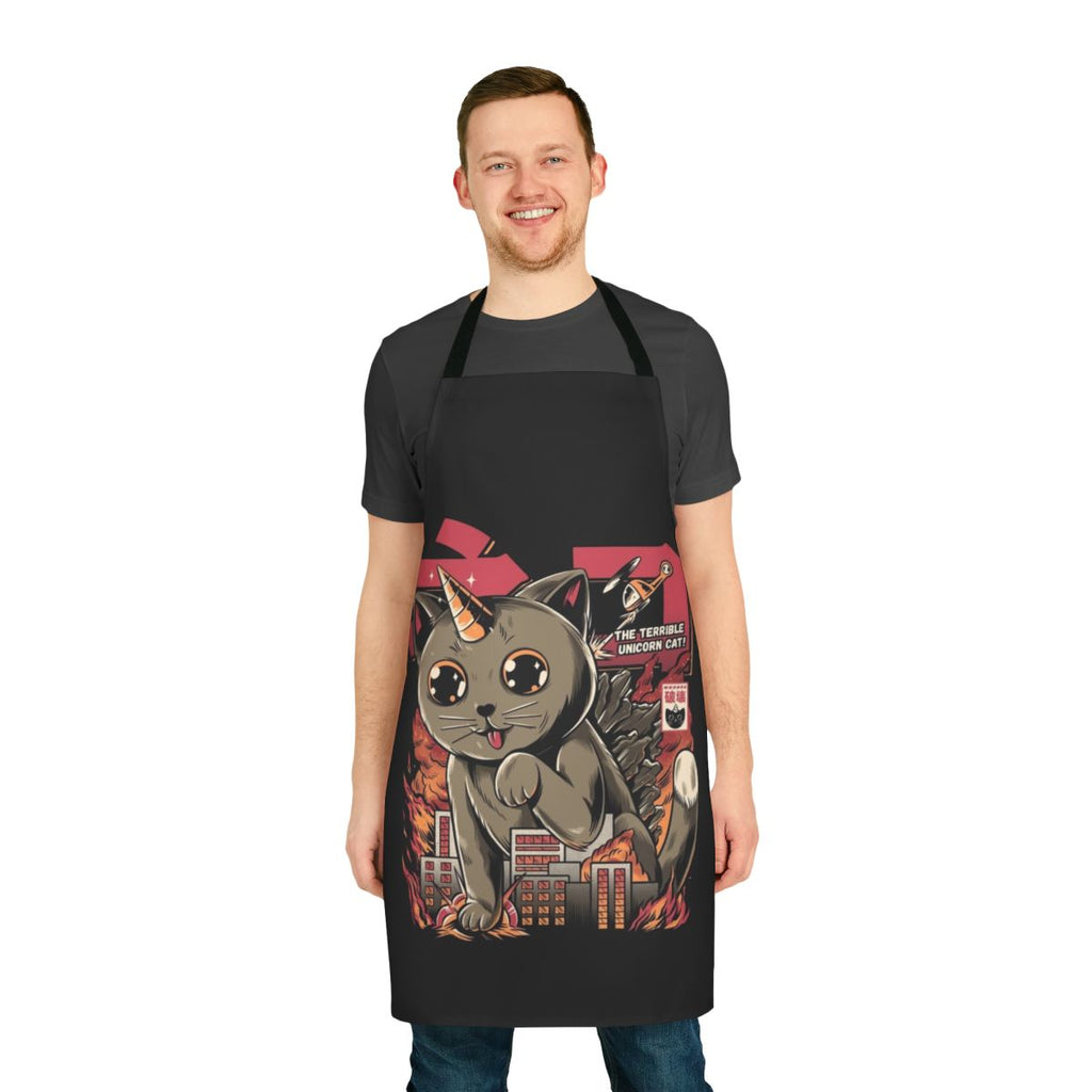 Adorable apron featuring a giant cartoon cat in a kaiju monster-inspired design