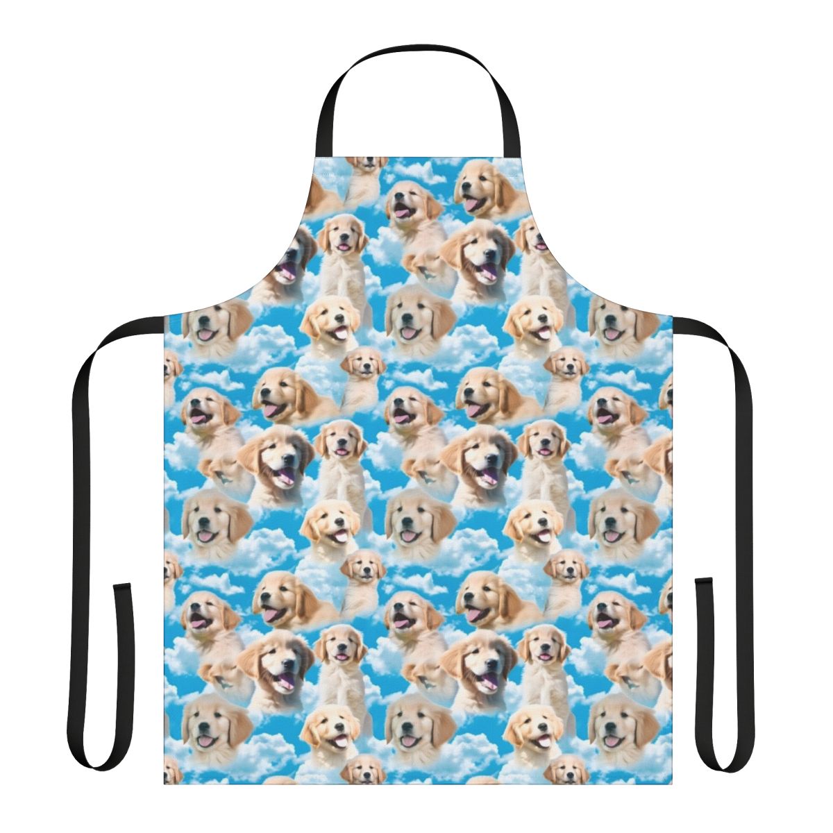 Golden retriever puppy wearing an apron against a blue sky background