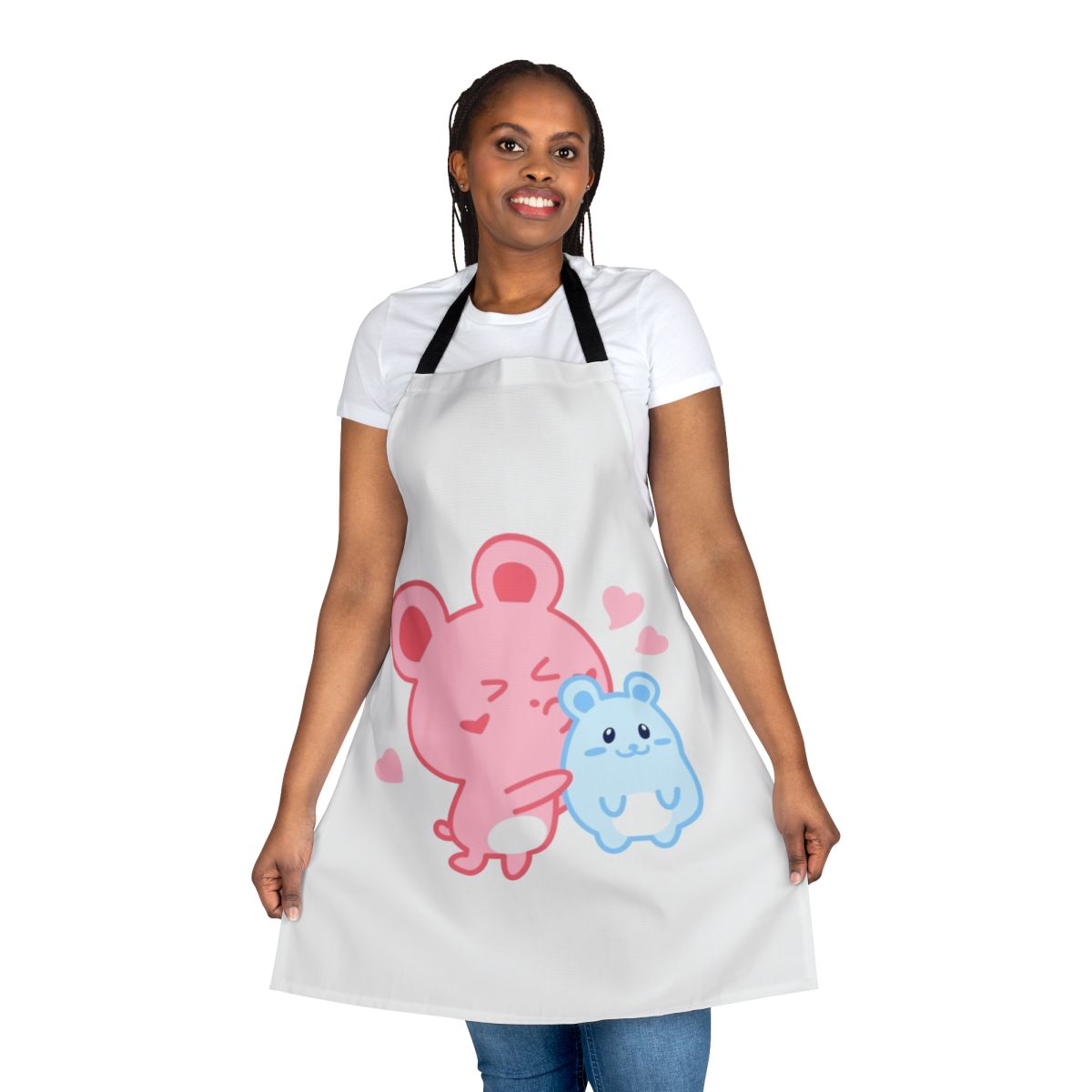 Illustration of two cute, cartoon hamsters on a pastel-colored apron