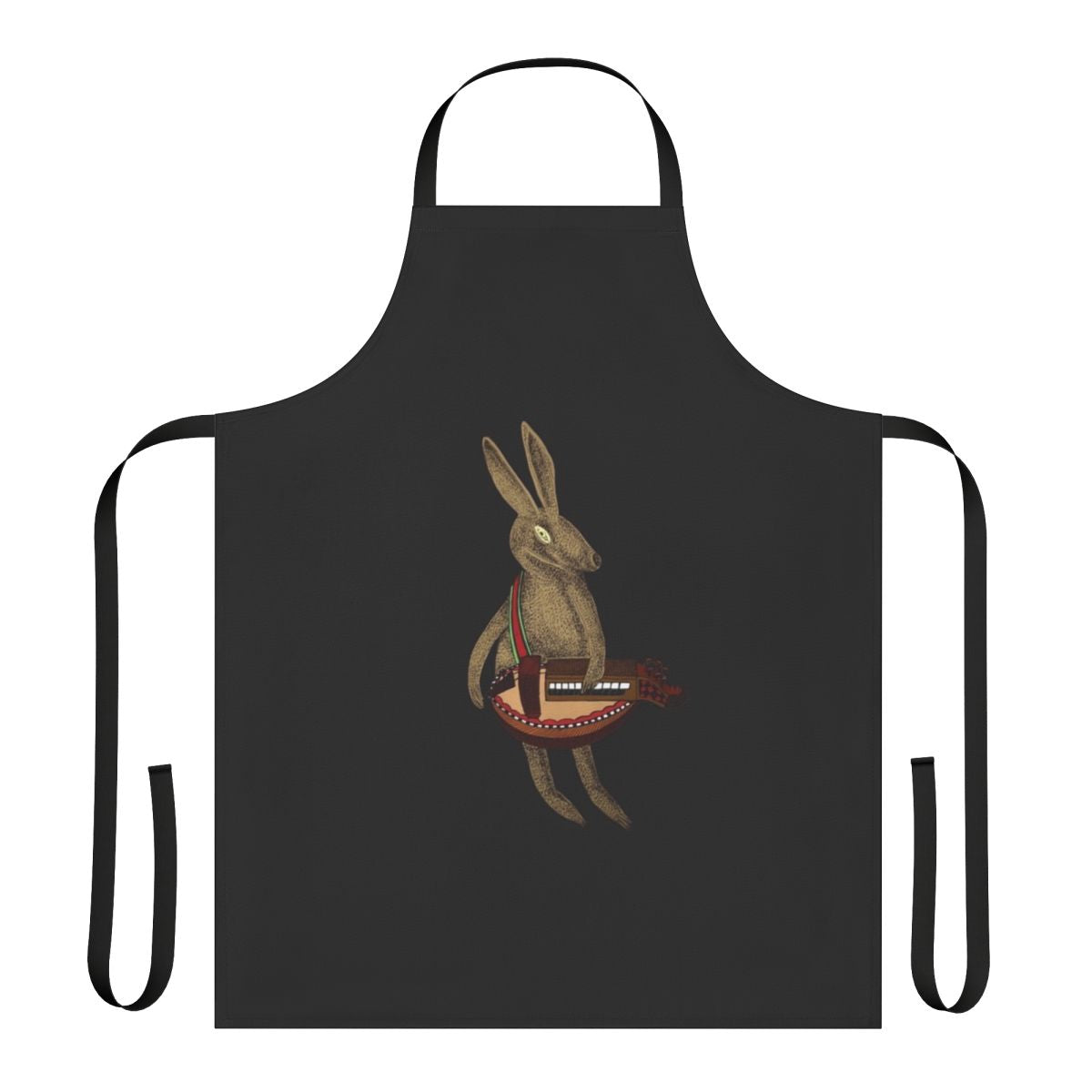 Charming apron featuring a hare playing a hurdy-gurdy musical instrument