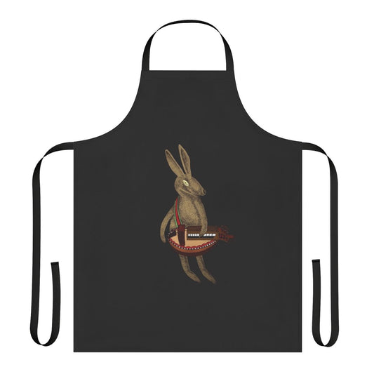 Charming apron featuring a hare playing a hurdy-gurdy musical instrument