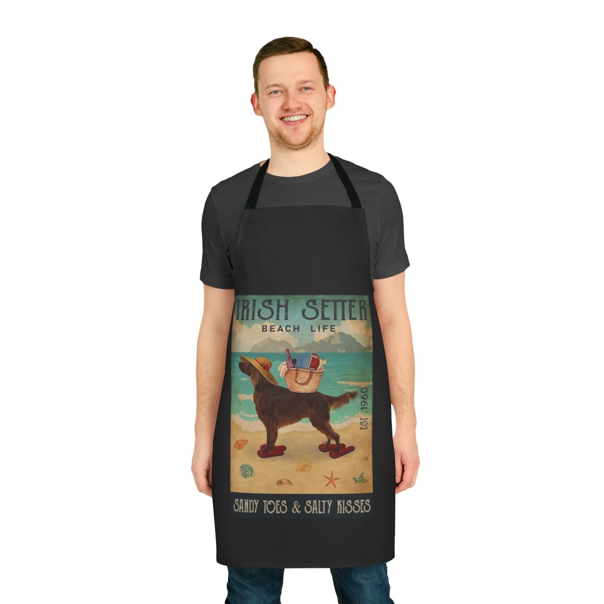 Colorful apron with an Irish Setter dog design, perfect for beach-themed kitchens and homes.