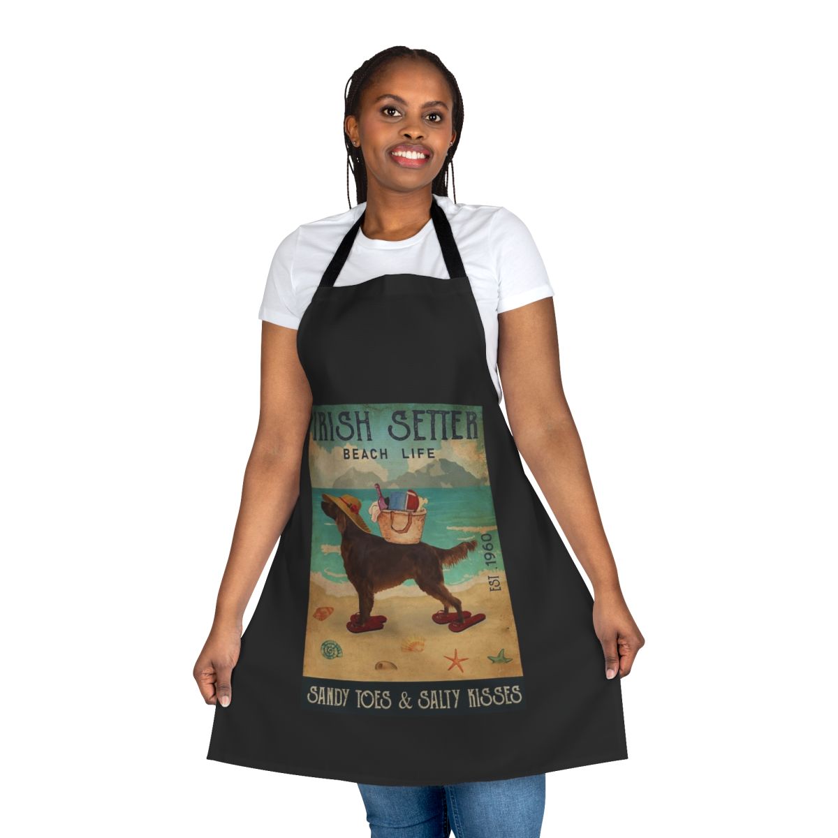 Colorful apron with an Irish Setter dog design, perfect for beach-themed kitchens and homes.