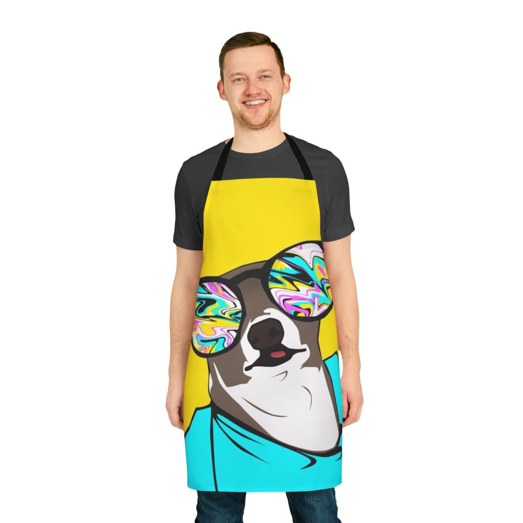 A white apron with a cute Kermit the Frog-themed design, perfect for dog owners who love to cook or bake.