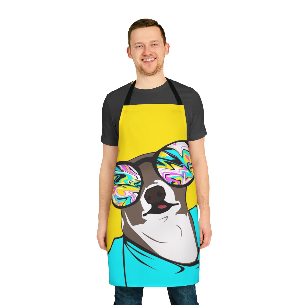 A white apron with a cute Kermit the Frog-themed design, perfect for dog owners who love to cook or bake.