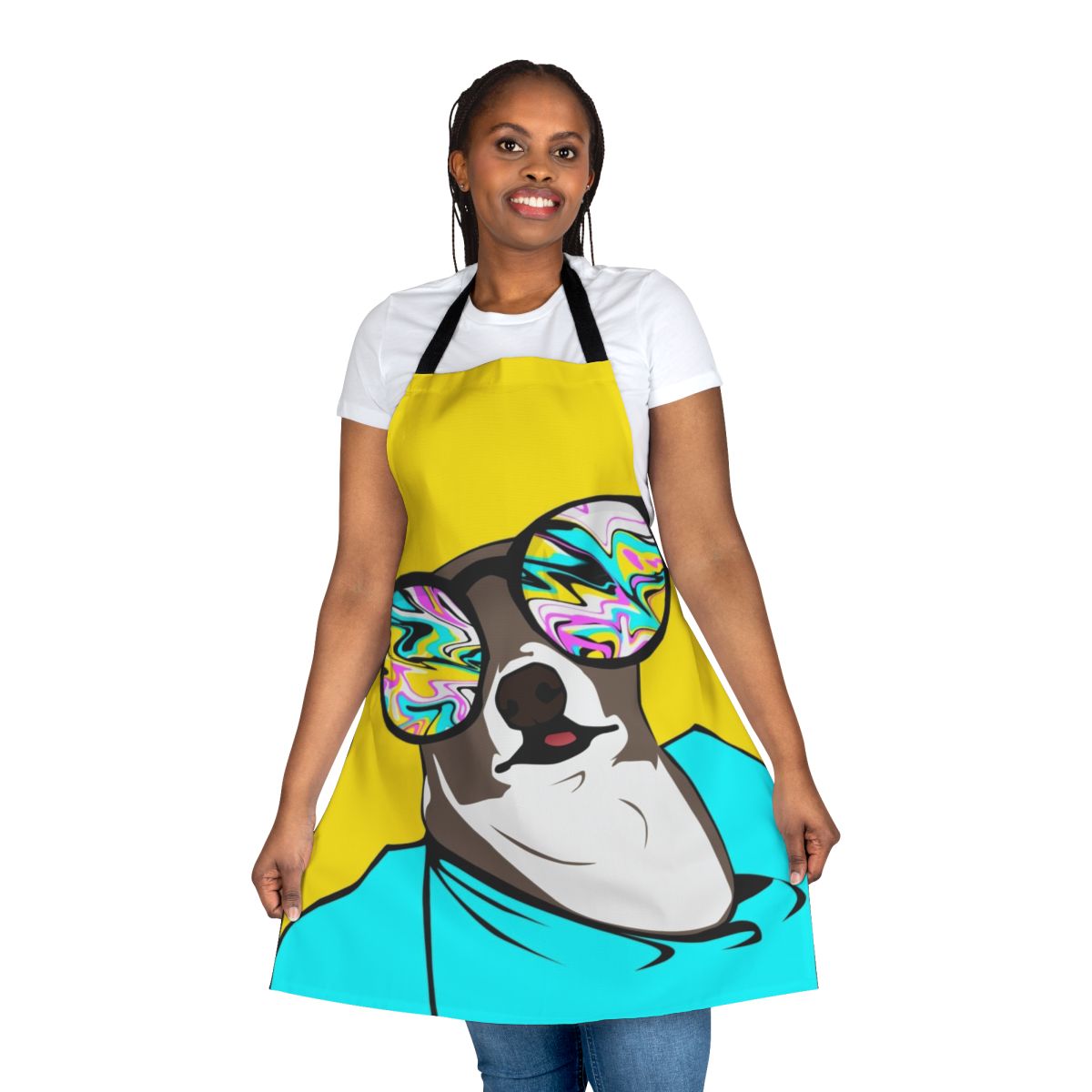 A white apron with a cute Kermit the Frog-themed design, perfect for dog owners who love to cook or bake.