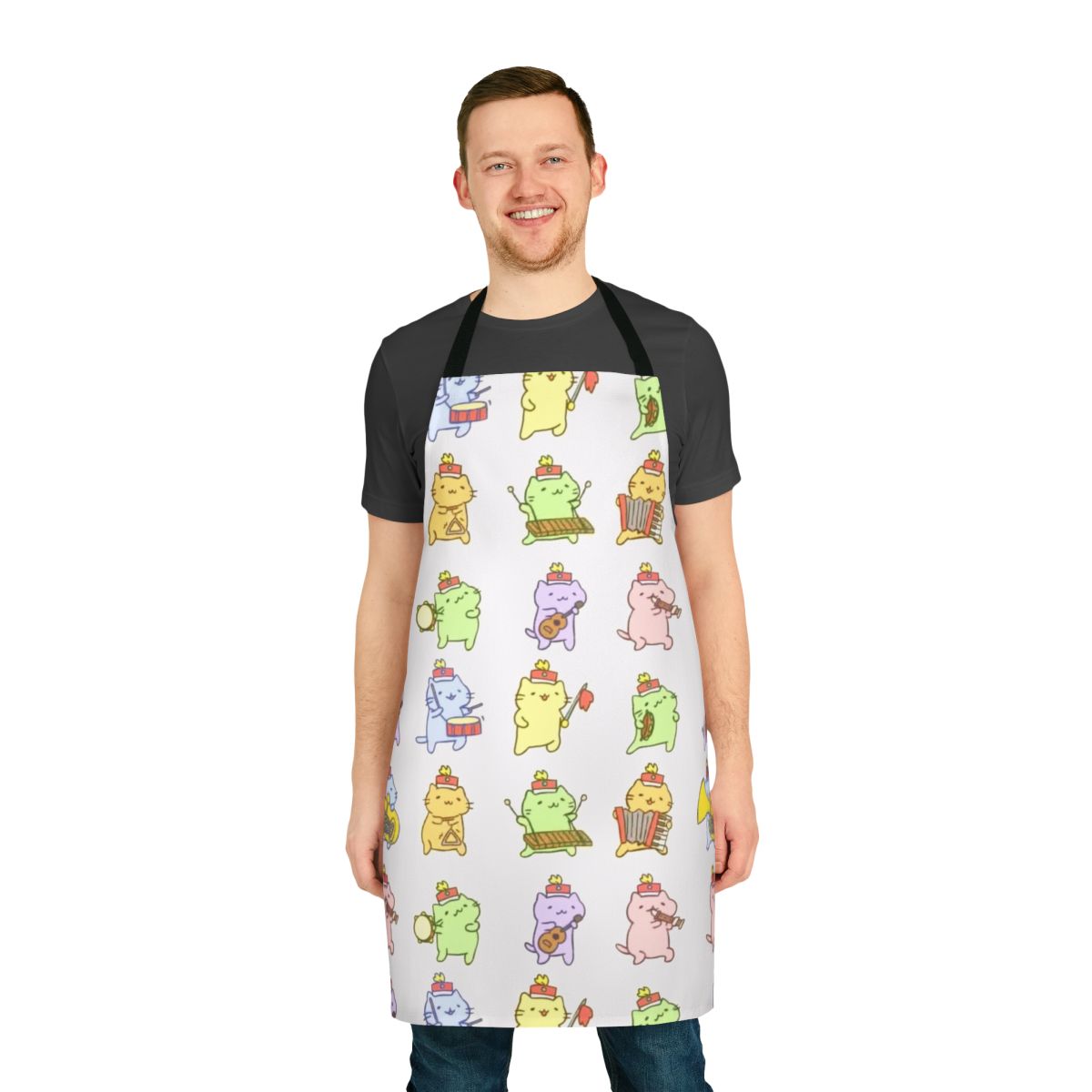 Mitchiri Neko inspired apron with cute cartoon cats and Japanese text
