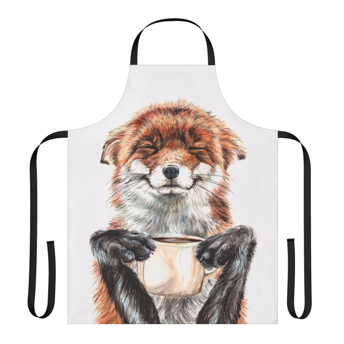 Watercolor illustration of a cute red fox holding a coffee cup, printed on a durable kitchen apron