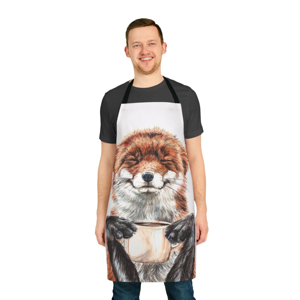 Watercolor illustration of a cute red fox holding a coffee cup, printed on a durable kitchen apron