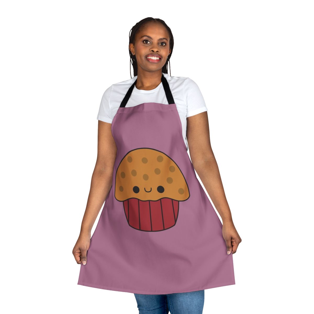 A vibrant and whimsical apron featuring a cute and kawaii muffin design, perfect for hobby chefs and baking lovers.
