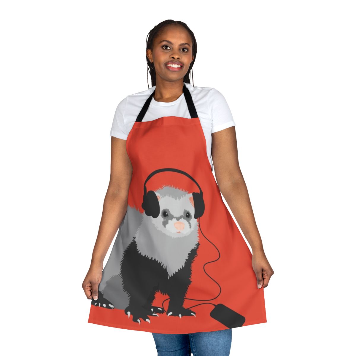 A black-footed ferret wearing headphones and a musical note pattern apron