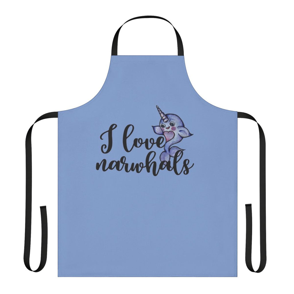 "A vibrant purple and pink apron featuring a cute narwhal design, perfect for fans of these legendary marine animals."