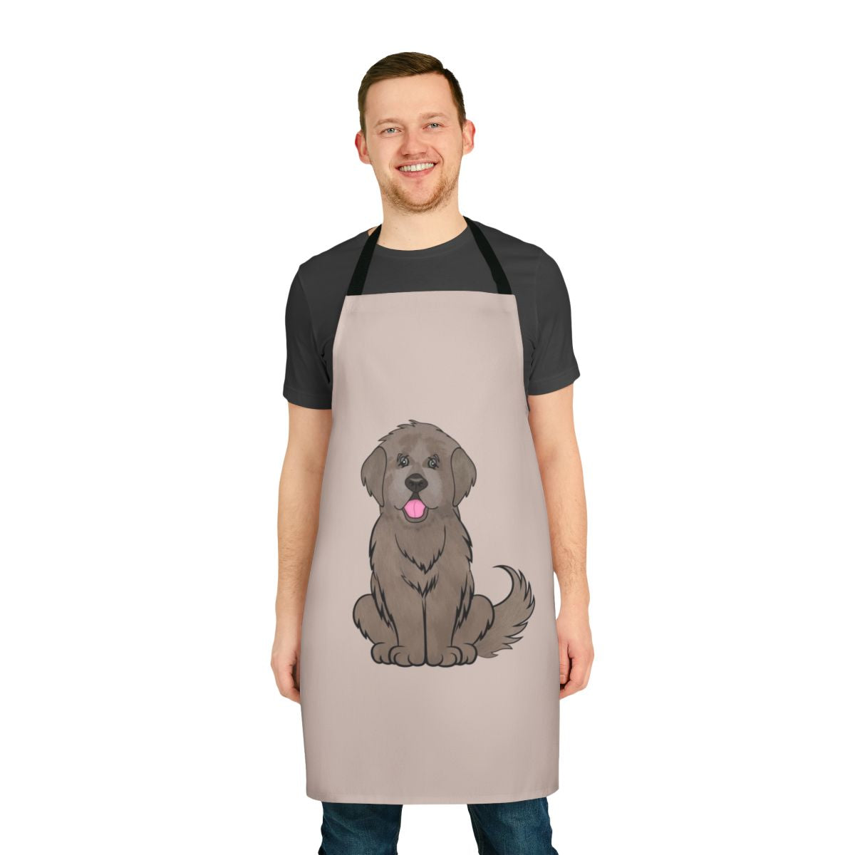 Illustration of a smiling beige Newfoundland dog on a tan apron