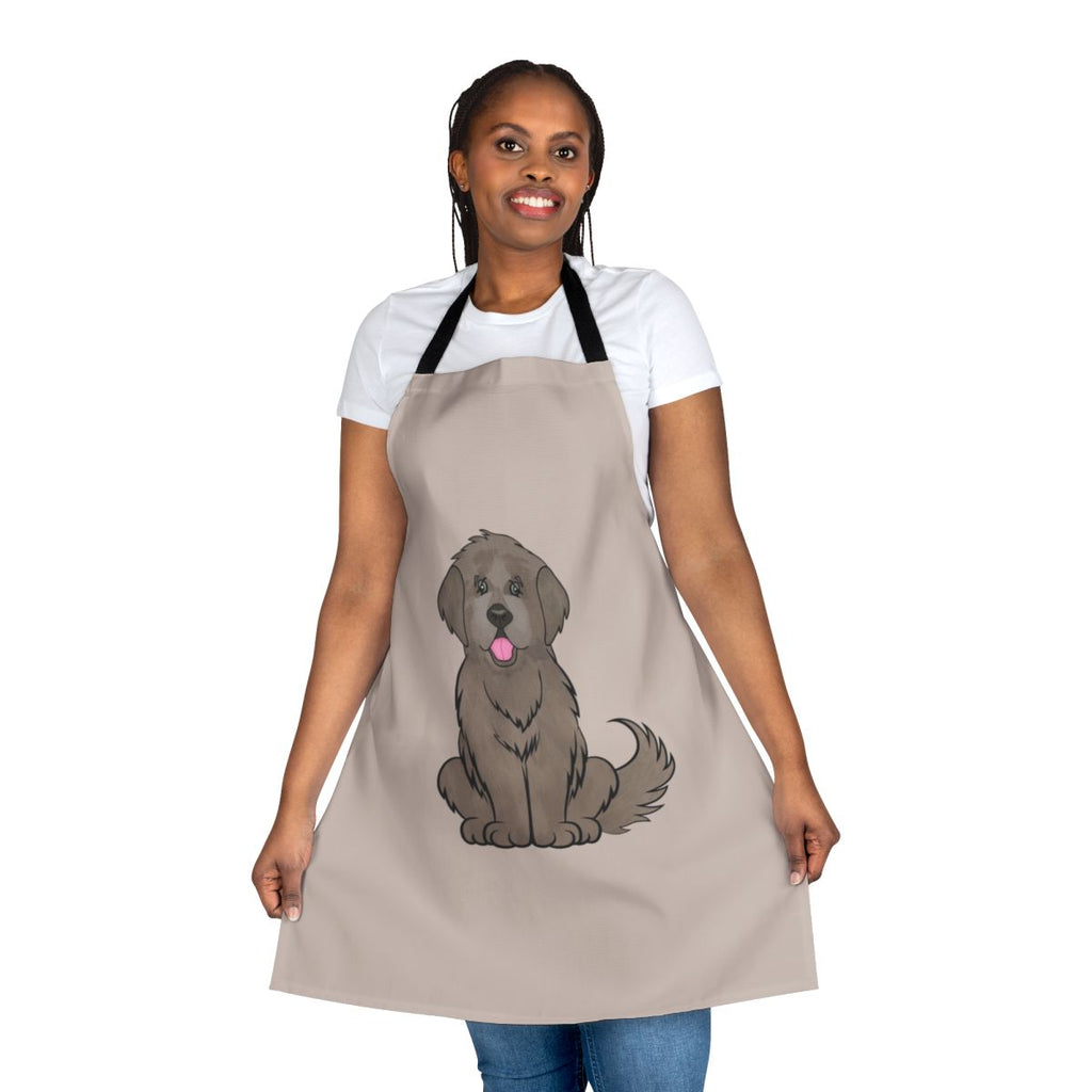 Illustration of a smiling beige Newfoundland dog on a tan apron