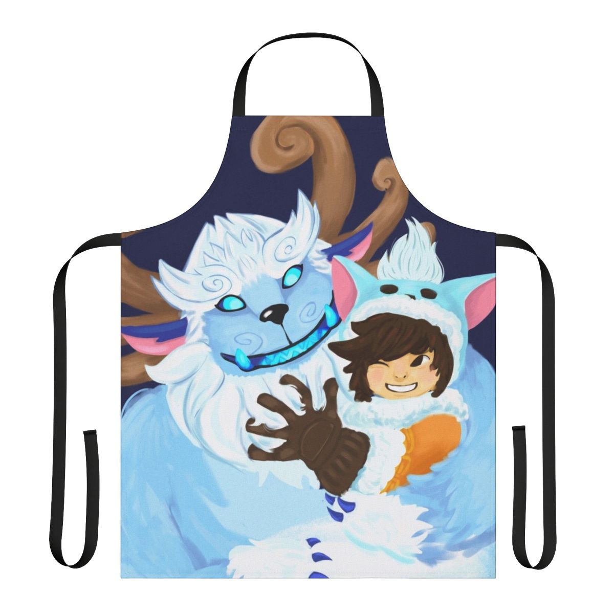 A blue apron featuring the League of Legends characters Nunu and Willump in a cute fanart design.