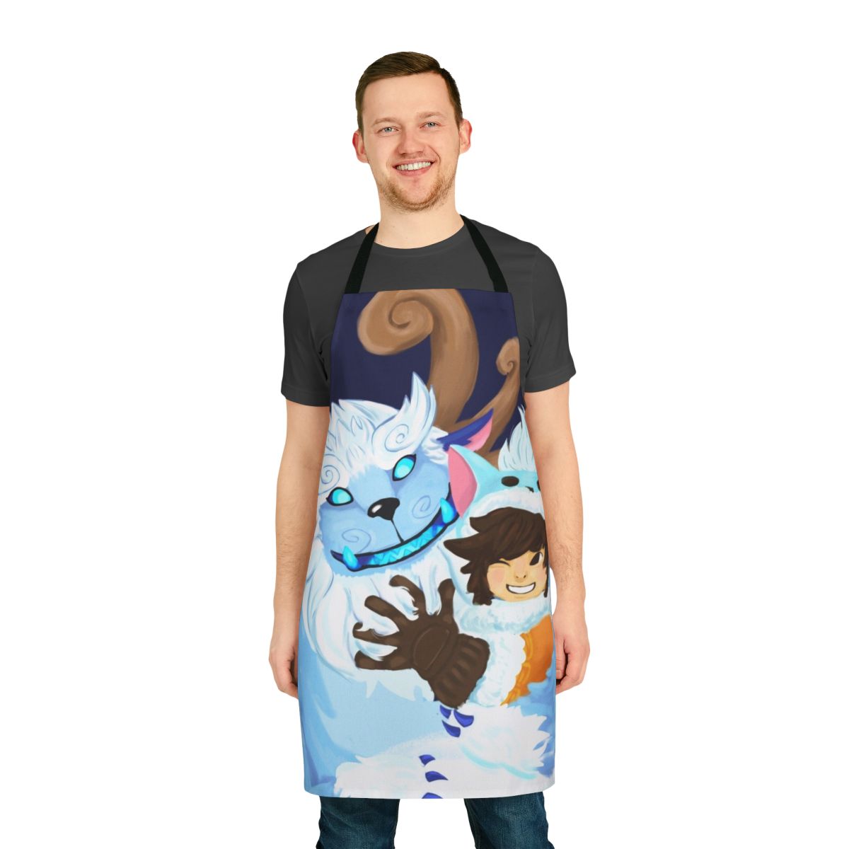 A blue apron featuring the League of Legends characters Nunu and Willump in a cute fanart design.
